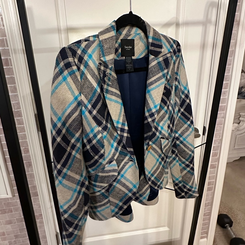 Smythe plaid one-button Blazer with elbow patches, peaked lapels, vintage
